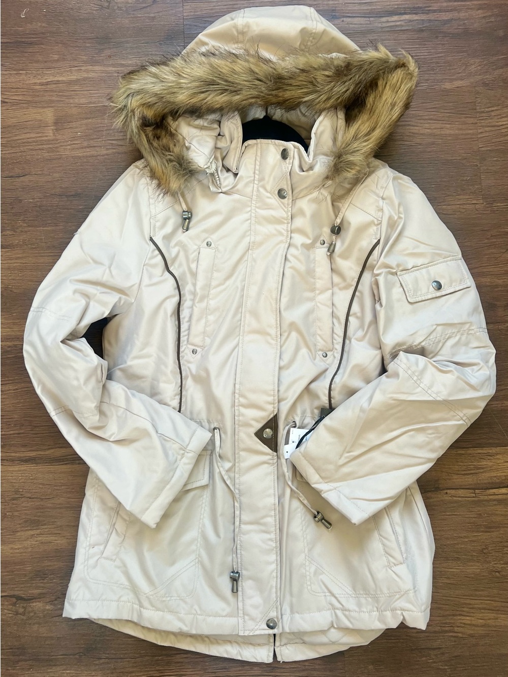 Women’s Cream Hooded Parka with Faux-Fur Trim